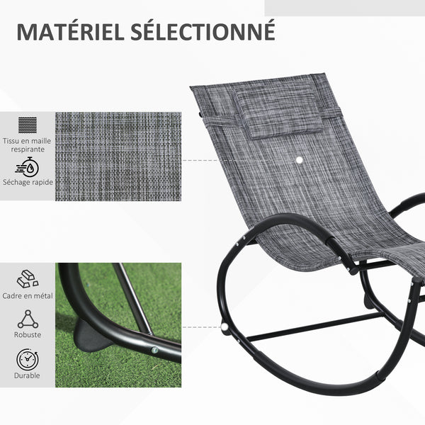 Chaise longue à bascule, transat de jardin ergonomique, bain de soleil, avec tétière, rocking chair, textilène, utilisation extérieure intérieure, gris chiné