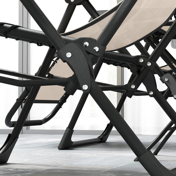 Lot de 2 chaise longue pliable et inclinable avec table d'appoint, fauteuil relax jardin de gravité zéro transat bain de soleil avec porte-gobelets et appuie-tête, charge 120 kg, beige