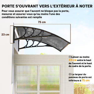 Auvent de porte d'entrée, toit marquise de porte exterieur en polycarbonate et aluminium résistante toit abri protection contre la pluie et UV pour terrasse, balcon, 100 x 75 cm, noir