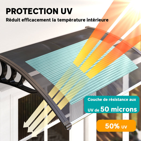 Auvent de porte d'entrée, toit marquise de porte exterieur en polycarbonate et aluminium résistante toit abri protection contre la pluie et UV pour terrasse, balcon, 100 x 75 cm, noir