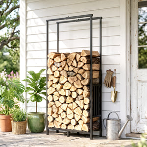 Range Bûches en Acier, Largeur & Hauteur Réglables - Étagère pour Bois de Cheminée, Charge 100 kg - Porte-bûches Intérieur Extérieur, 45,5-75,5 x 25 x 98-170 cm, Noir