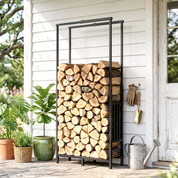 Range Bûches en Acier, Largeur & Hauteur Réglables - Étagère pour Bois de Cheminée, Charge 100 kg - Porte-bûches Intérieur Extérieur, 45,5-75,5 x 25 x 98-170 cm, Noir