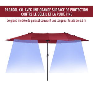 Parasol de jardin exterieur parasol double rectangulaire 4,6L x 2,7l x 2,4H m avec ouverture fermeture manivelle, cadre en acier, toile 180 g/m², parasol pour balcon, piscine, bordeaux