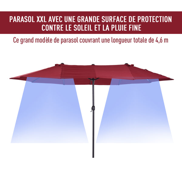 Parasol de jardin exterieur parasol double rectangulaire 4,6L x 2,7l x 2,4H m avec ouverture fermeture manivelle, cadre en acier, toile 180 g/m², parasol pour balcon, piscine, bordeaux