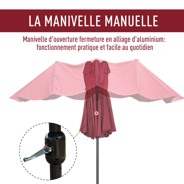 Parasol de jardin exterieur parasol double rectangulaire 4,6L x 2,7l x 2,4H m avec ouverture fermeture manivelle, cadre en acier, toile 180 g/m², parasol pour balcon, piscine, bordeaux