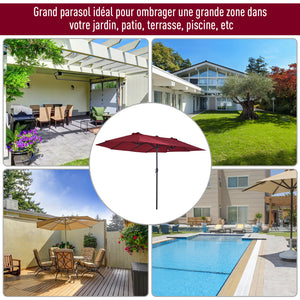 Parasol de jardin exterieur parasol double rectangulaire 4,6L x 2,7l x 2,4H m avec ouverture fermeture manivelle, cadre en acier, toile 180 g/m², parasol pour balcon, piscine, bordeaux