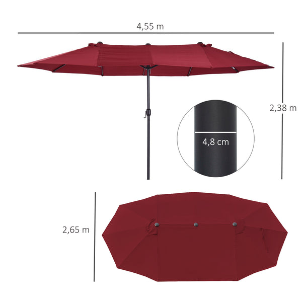 Parasol de jardin exterieur parasol double rectangulaire 4,6L x 2,7l x 2,4H m avec ouverture fermeture manivelle, cadre en acier, toile 180 g/m², parasol pour balcon, piscine, bordeaux