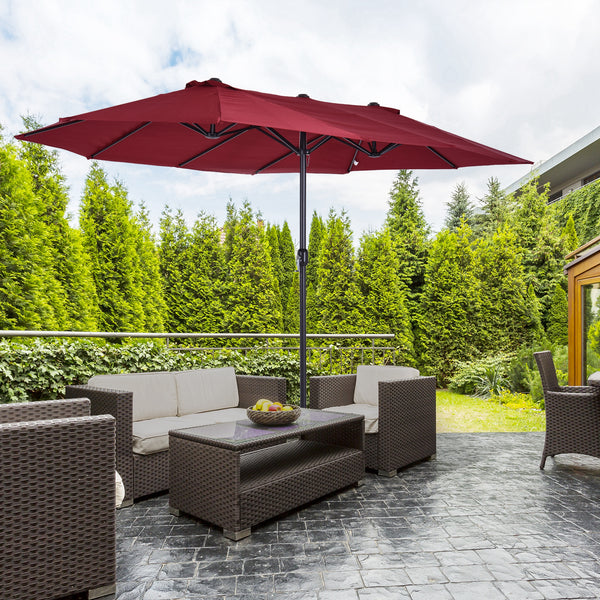 Parasol de jardin exterieur parasol double rectangulaire 4,6L x 2,7l x 2,4H m avec ouverture fermeture manivelle, cadre en acier, toile 180 g/m², parasol pour balcon, piscine, bordeaux