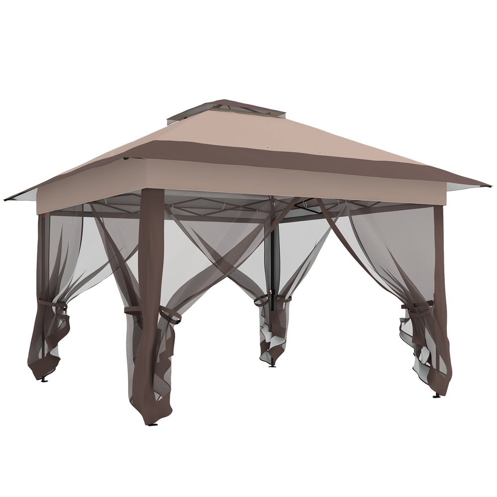 Tonnelle de jardin extérieur tonnelle pliante 3,6x3,6m avec double toit acier polyester moustiquaires + sac de transport à roulettes kaki marron