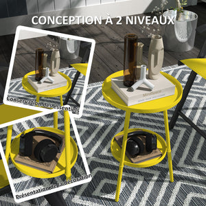 Petite table d'appoint ronde à 2 niveaux, table de jardin, pour terrasse, salon, balcon, en métal, jaune