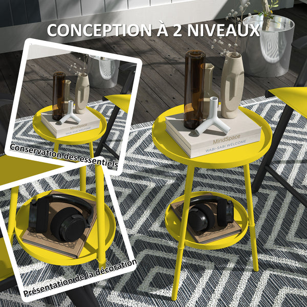 Petite table d'appoint ronde à 2 niveaux, table de jardin, pour terrasse, salon, balcon, en métal, jaune