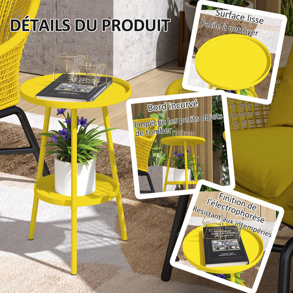Petite table d'appoint ronde à 2 niveaux, table de jardin, pour terrasse, salon, balcon, en métal, jaune