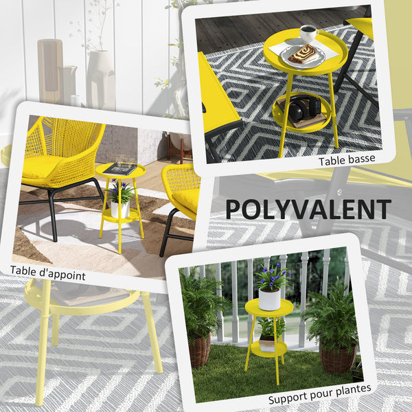 Petite table d'appoint ronde à 2 niveaux, table de jardin, pour terrasse, salon, balcon, en métal, jaune
