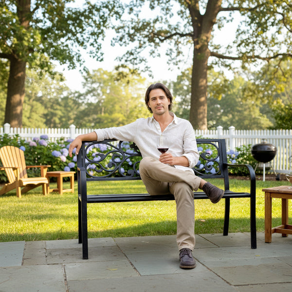 Banc de jardin 3 places terrasse Style Cosy Chic 127L x 60l x 85H cm métal époxy anticorrosion Noir