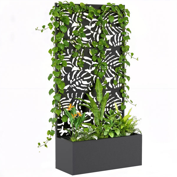 Jardinière avec treillis, bac à fleurs, lit surélevé avec brise-vue, pour plantes grimpantes, légumes, fleurs, métal, intérieur et extérieur, cour jardin balcon, 90 x 37,5 x 180 cm, noir