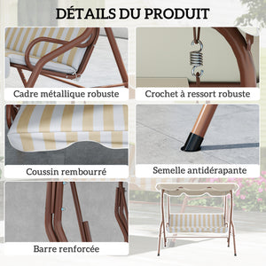 Balancelle de Jardin 3 Places Toit imperméabilisé Inclinaison réglable Coussins Assise Dossier 1,7L x 1,1l x 1,53H m Acier Polyester marron crème rayé