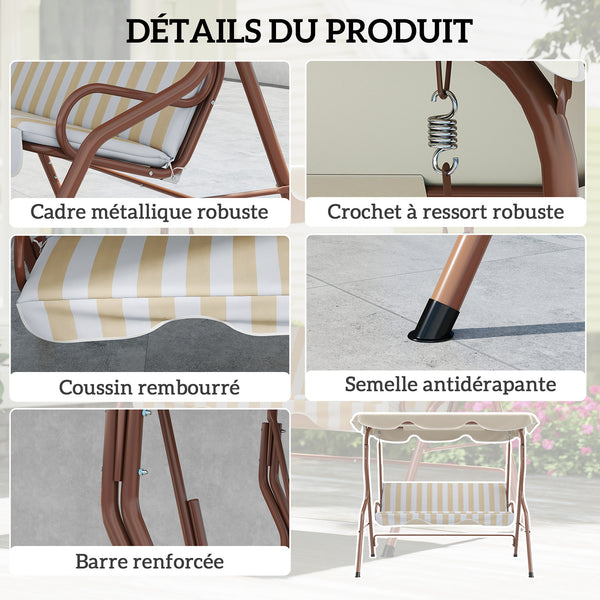 Balancelle de Jardin 3 Places Toit imperméabilisé Inclinaison réglable Coussins Assise Dossier 1,7L x 1,1l x 1,53H m Acier Polyester marron crème rayé