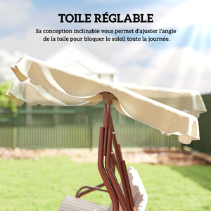 Balancelle de Jardin 3 Places Toit imperméabilisé Inclinaison réglable Coussins Assise Dossier 1,7L x 1,1l x 1,53H m Acier Polyester marron crème rayé