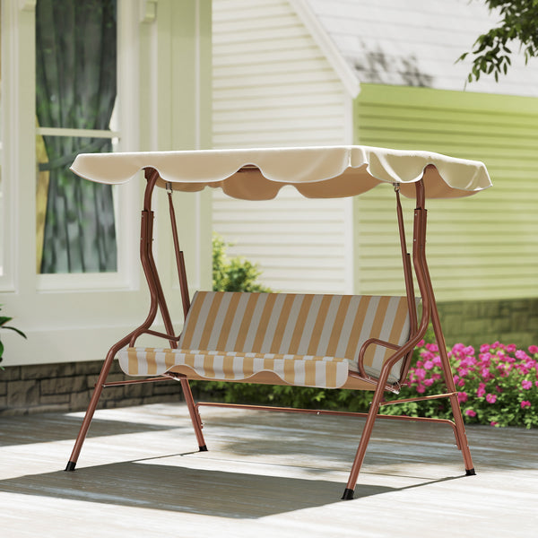 Balancelle de Jardin 3 Places Toit imperméabilisé Inclinaison réglable Coussins Assise Dossier 1,7L x 1,1l x 1,53H m Acier Polyester marron crème rayé