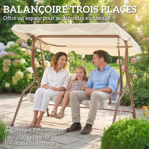 Balancelle de Jardin 3 Places Toit imperméabilisé Inclinaison réglable Coussins Assise Dossier 1,7L x 1,1l x 1,53H m Acier Polyester marron crème rayé