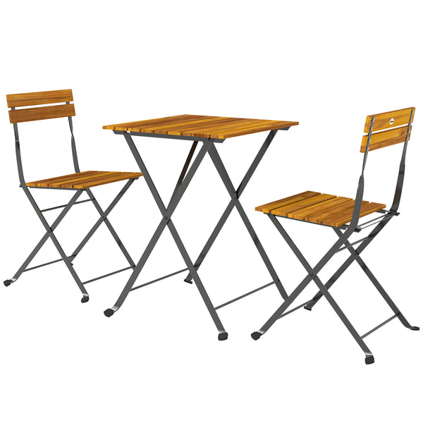 Ensemble bistrot de jardin 3 pièces, salon de jardin extérieur 2 personnes avec 2 chaises et table basse en bois d'acacia et acier, mobilier de terrasse, balcon, véranda, effet bois naturel
