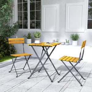Ensemble bistrot de jardin 3 pièces, salon de jardin extérieur 2 personnes avec 2 chaises et table basse en bois d'acacia et acier, mobilier de terrasse, balcon, véranda, effet bois naturel