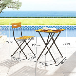 Ensemble bistrot de jardin 3 pièces, salon de jardin extérieur 2 personnes avec 2 chaises et table basse en bois d'acacia et acier, mobilier de terrasse, balcon, véranda, effet bois naturel