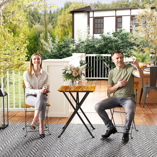 Ensemble bistrot de jardin 3 pièces, salon de jardin extérieur 2 personnes avec 2 chaises et table basse en bois d'acacia et acier, mobilier de terrasse, balcon, véranda, effet bois naturel