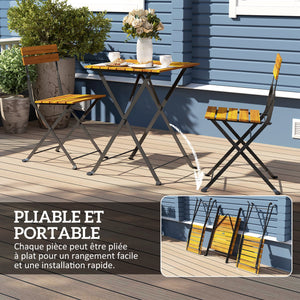 Ensemble bistrot de jardin 3 pièces, salon de jardin extérieur 2 personnes avec 2 chaises et table basse en bois d'acacia et acier, mobilier de terrasse, balcon, véranda, effet bois naturel