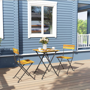 Ensemble bistrot de jardin 3 pièces, salon de jardin extérieur 2 personnes avec 2 chaises et table basse en bois d'acacia et acier, mobilier de terrasse, balcon, véranda, effet bois naturel