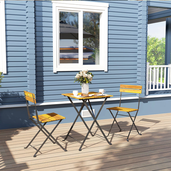 Ensemble bistrot de jardin 3 pièces, salon de jardin extérieur 2 personnes avec 2 chaises et table basse en bois d'acacia et acier, mobilier de terrasse, balcon, véranda, effet bois naturel