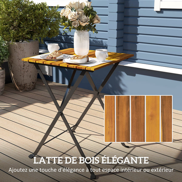 Ensemble bistrot de jardin 3 pièces, salon de jardin extérieur 2 personnes avec 2 chaises et table basse en bois d'acacia et acier, mobilier de terrasse, balcon, véranda, effet bois naturel