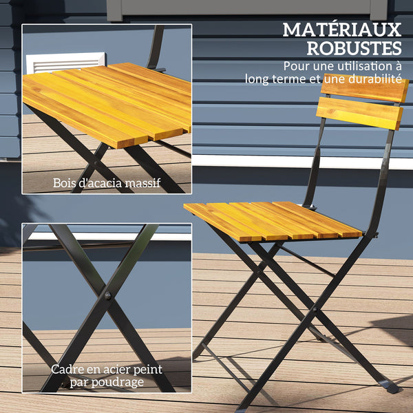 Ensemble bistrot de jardin 3 pièces, salon de jardin extérieur 2 personnes avec 2 chaises et table basse en bois d'acacia et acier, mobilier de terrasse, balcon, véranda, effet bois naturel
