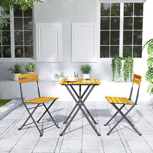 Ensemble bistrot de jardin 3 pièces, salon de jardin extérieur 2 personnes avec 2 chaises et table basse en bois d'acacia et acier, mobilier de terrasse, balcon, véranda, effet bois naturel