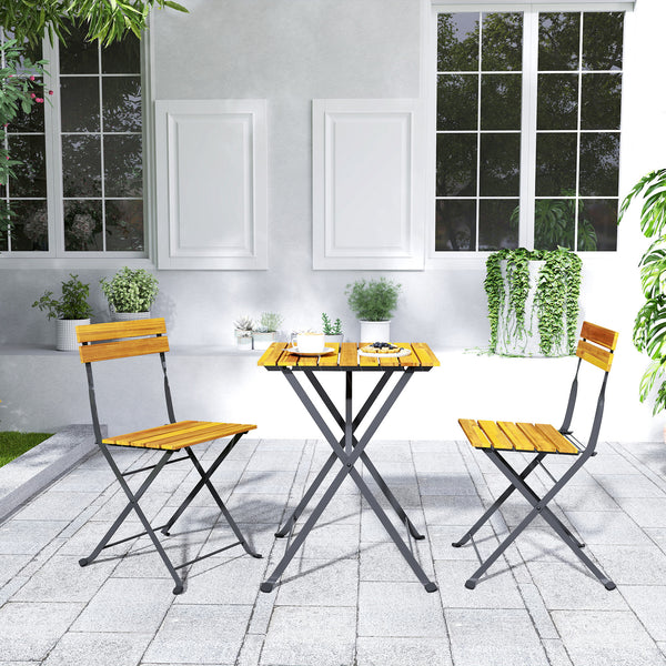 Ensemble bistrot de jardin 3 pièces, salon de jardin extérieur 2 personnes avec 2 chaises et table basse en bois d'acacia et acier, mobilier de terrasse, balcon, véranda, effet bois naturel