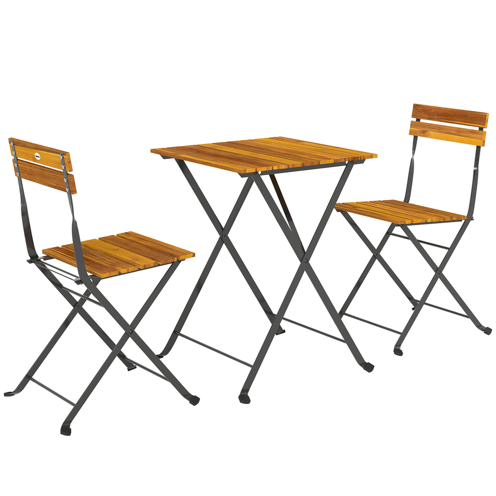 Ensemble bistrot de jardin 3 pièces, salon de jardin extérieur 2 personnes avec 2 chaises et table basse en bois d'acacia et acier, mobilier de terrasse, balcon, véranda, effet bois naturel