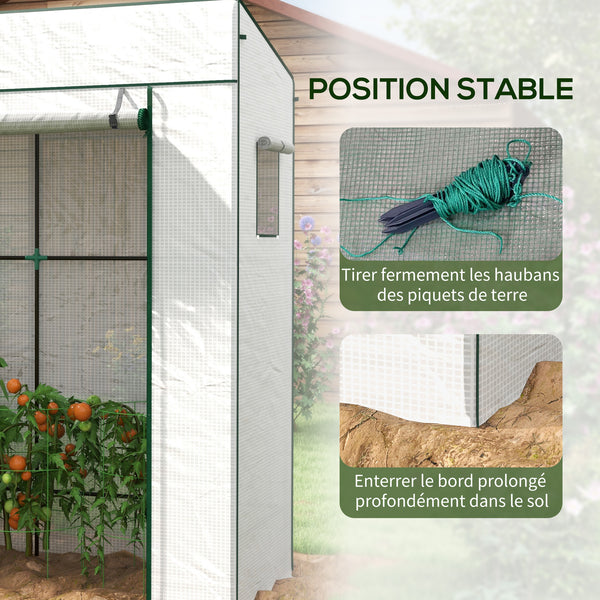 Serre de jardin PE, serre de balcon, bâche renforcée 140 g/m², châssis en acier, porte zippée enroulable, 2 fenêtres, pour légumes plantes fleurs, intérieur et extérieur, 196x77x197cm, blanc