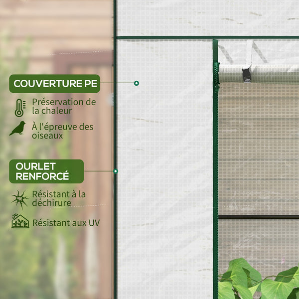 Serre de jardin PE, serre de balcon, bâche renforcée 140 g/m², châssis en acier, porte zippée enroulable, 2 fenêtres, pour légumes plantes fleurs, intérieur et extérieur, 196x77x197cm, blanc