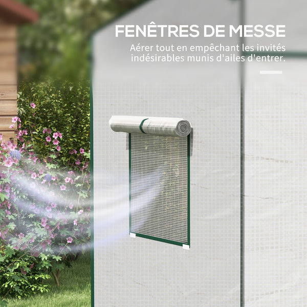 Serre de jardin PE, serre de balcon, bâche renforcée 140 g/m², châssis en acier, porte zippée enroulable, 2 fenêtres, pour légumes plantes fleurs, intérieur et extérieur, 196x77x197cm, blanc