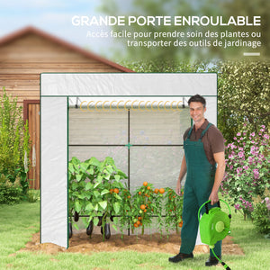 Serre de jardin PE, serre de balcon, bâche renforcée 140 g/m², châssis en acier, porte zippée enroulable, 2 fenêtres, pour légumes plantes fleurs, intérieur et extérieur, 196x77x197cm, blanc