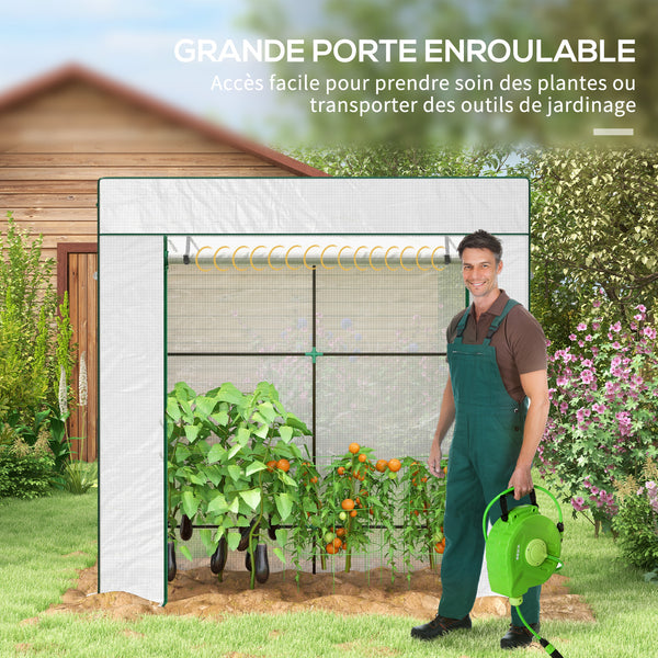 Serre de jardin PE, serre de balcon, bâche renforcée 140 g/m², châssis en acier, porte zippée enroulable, 2 fenêtres, pour légumes plantes fleurs, intérieur et extérieur, 196x77x197cm, blanc