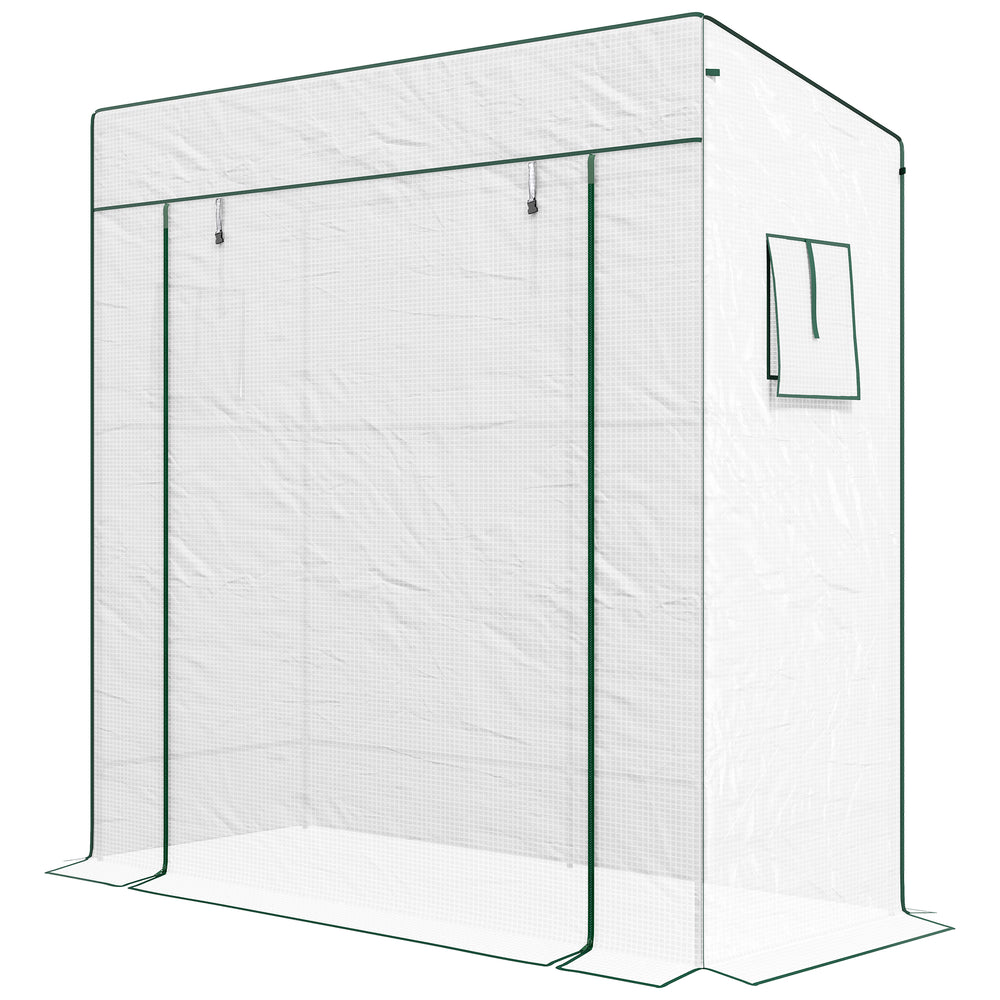 Serre de jardin PE, serre de balcon, bâche renforcée 140 g/m², châssis en acier, porte zippée enroulable, 2 fenêtres, pour légumes plantes fleurs, intérieur et extérieur, 196x77x197cm, blanc