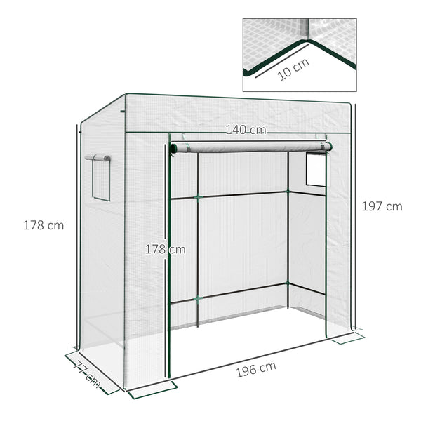 Serre de jardin PE, serre de balcon, bâche renforcée 140 g/m², châssis en acier, porte zippée enroulable, 2 fenêtres, pour légumes plantes fleurs, intérieur et extérieur, 196x77x197cm, blanc