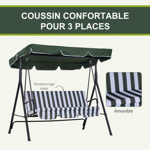 Balancelle de Jardin 3 Places Toit Inclinaison réglable Coussins Assise et Dossier 1,72L x 1,1l x 1,53H m Acier Noir Polyester Vert