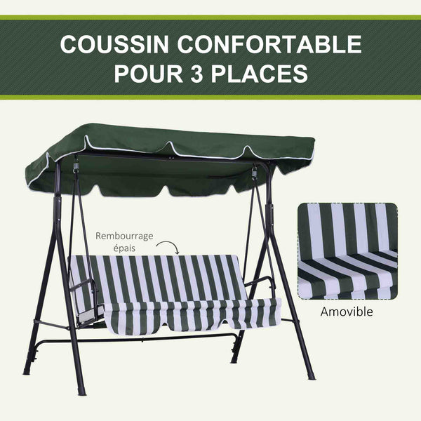 Balancelle de Jardin 3 Places Toit Inclinaison réglable Coussins Assise et Dossier 1,72L x 1,1l x 1,53H m Acier Noir Polyester Vert