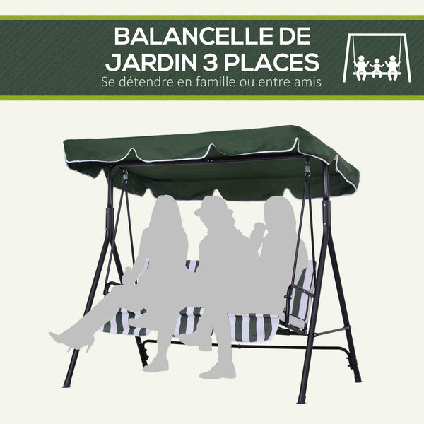 Balancelle de Jardin 3 Places Toit Inclinaison réglable Coussins Assise et Dossier 1,72L x 1,1l x 1,53H m Acier Noir Polyester Vert