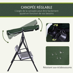 Balancelle de Jardin 3 Places Toit Inclinaison réglable Coussins Assise et Dossier 1,72L x 1,1l x 1,53H m Acier Noir Polyester Vert