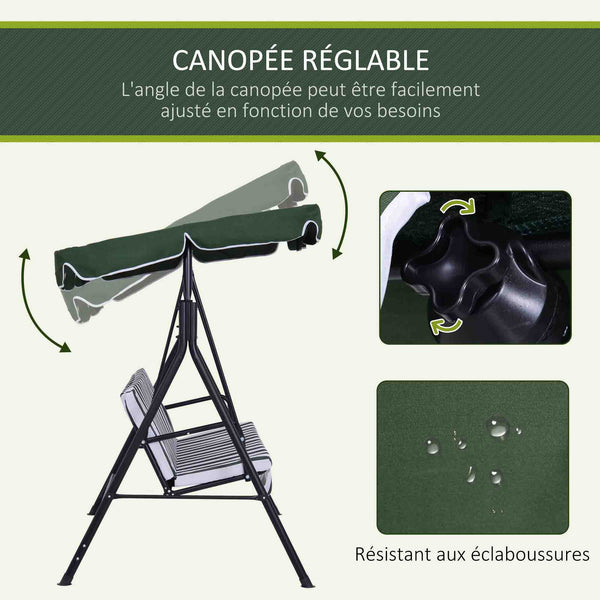 Balancelle de Jardin 3 Places Toit Inclinaison réglable Coussins Assise et Dossier 1,72L x 1,1l x 1,53H m Acier Noir Polyester Vert