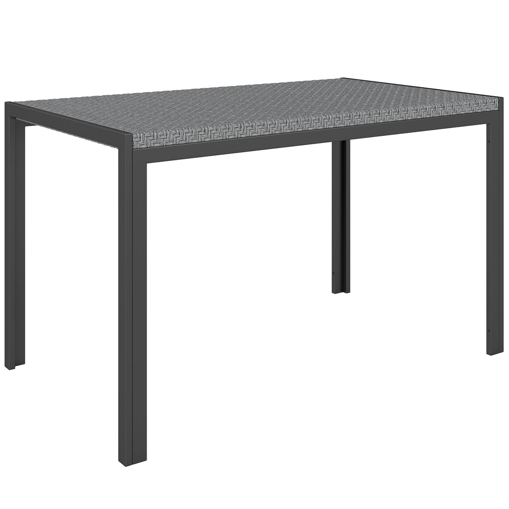 Table de jardin rectangulaire, table de salle à manger 4 personnes en métal et plateau résine tressée PE effet rotin, dim. 120L x 70l x 72H cm gris