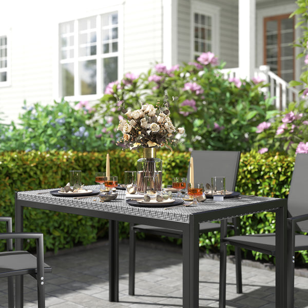 Table de jardin rectangulaire, table de salle à manger 4 personnes en métal et plateau résine tressée PE effet rotin, dim. 120L x 70l x 72H cm gris